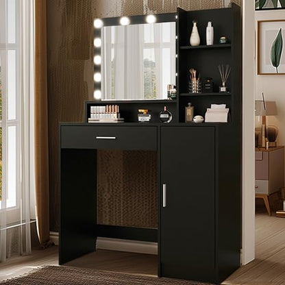 Palimder Vanity Desk with Mirror & Light, Large Drawer Three Level Storage Dresser, 3 Lighting Modes Adjustable Brightness, Bedroom Dressing Table - color: Black
