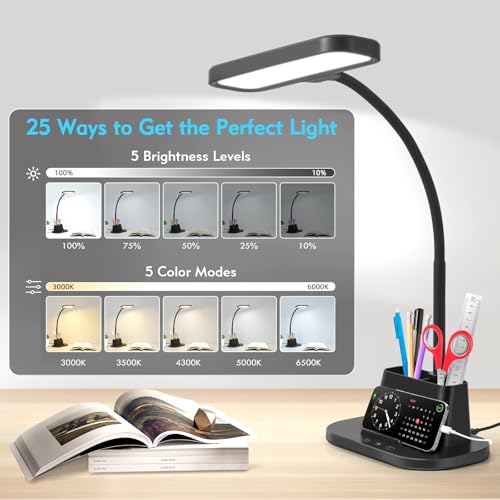 BOHON Desk Lamp for Home Office Reading Light with USB Charging Port Black | Small Desk Lamps with Pen Holder, 5 Color Modes 5 Brightness, Touch Gooseneck LED Table Lamp for Dorm Room Essentials Study - color: Matte Black