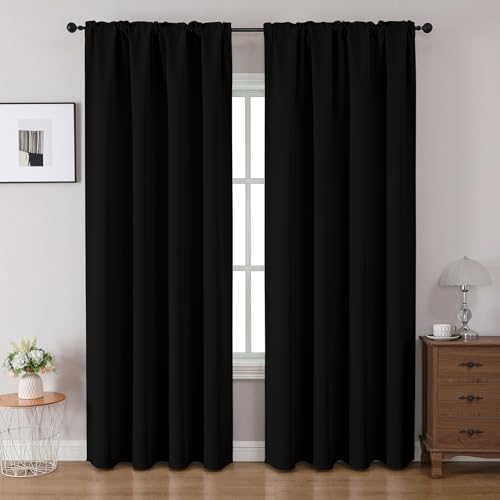 CUCRAF Blackout Curtains 84 inches Long 2 Panels Set for Bedroom, Black Rod Pocket Room Darkening Curtain for Living Room, Thermal Insulated Window Drapes (W 52 x L 84 Inch) - color: Black, size: 52"W x 84"L (Pack of 2)