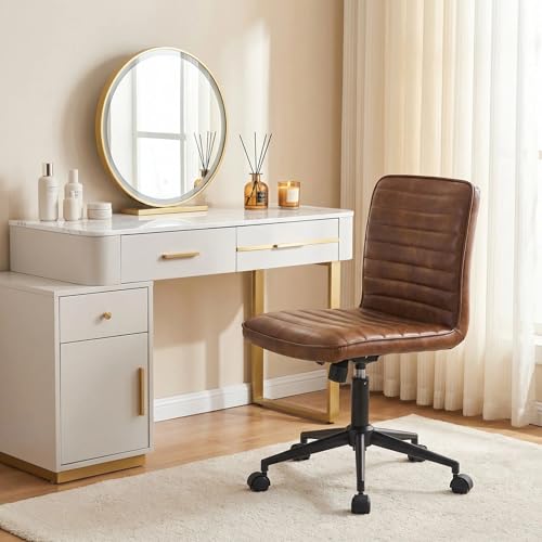 Furnimart Armless Swivel Rolling Desk Chair, Adjustable Faux Leather Vanity Chair with Gold Legs, Cute Task Chair with Wheels for Living Room Bedroom Studying Small Places (Leather-DustYellow) - color: Dust Brown-faux Leather