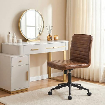 Furnimart Armless Swivel Rolling Desk Chair, Adjustable Faux Leather Vanity Chair with Gold Legs, Cute Task Chair with Wheels for Living Room Bedroom Studying Small Places (Leather-DustYellow) - color: Dust Brown-faux Leather