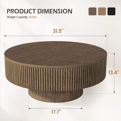 YOUDENOVA 31.5” Round Fluted Coffee Table, Modern Wood Circle Coffee Table, Veneer Handcrafted Relief Tea Table with Sturdy Pedestal for Living Room - Brown - color: 31" Brown-round