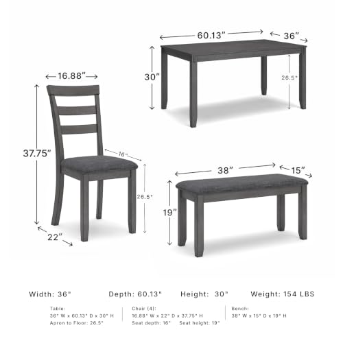 Signature Design by Ashley 6-Piece Dining Table Set with Bench, Gray | Plush gray polyester seats, Wood, veneer and engineered wood build, Space-saving tuck-under bench, Bridson Series - color: Grey