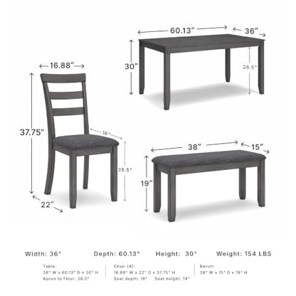 Signature Design by Ashley 6-Piece Dining Table Set with Bench, Gray | Plush gray polyester seats, Wood, veneer and engineered wood build, Space-saving tuck-under bench, Bridson Series - color: Grey