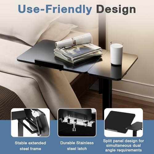 DUMOS Adjustable Bedside Overbed Table with Wheels, Black | Laptop Standing Desk with Tilting Top Height, Mobile Rolling Computer Cart for Hospital Home Bedroom Use - color: Black, size: 27.4" x 15.7" x 43.3"