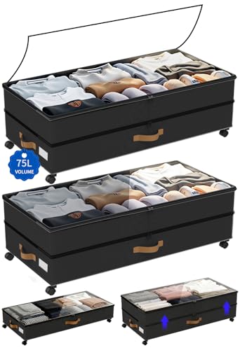 Under Bed Storage with Wheels 2-Pack, 75L XXL Under the Bed Storage Containers Large, 12" Tall Adjustable Storage for Underbed with Lids, Rolling for Clothes, Shoes, Blankets (Black) - color: Black