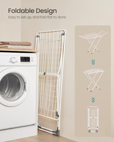 SONGMICS Clothes Drying Rack, Metal Laundry Drying Rack, Foldable, Space-Saving, Free-Standing Airer, with 4 Gullwings, Indoor Outdoor Use, Bed Linen Clothing, White ULLR541W01 - color: White, style: 4 Gullwings（31.7"D)