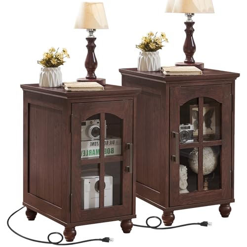 Narrow Side Table Set of 2, Farmhouse Nightstand with Charging Station | End Tables with Glass Barn Door, Cabinet Organizer with Adjustable Shelf, Night Stand for Small Spaces Living Room Bedroom - color: Retro Walnut, size: Set 2