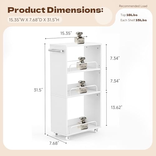 7.7'' Slim Rolling Storage Cart 4 Tier Wood Utility Cart Spice Rack Kitchen | Slide Out Narrow Rolling Cart with Adjustable Shelves,with Handle for Kitchen Laundry Bathroom Small Space - size: 3-Tier