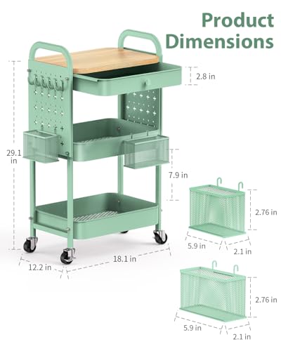 ALVOROG 3 Tier Metal Rolling Cart with Drawer,Wood Top,Pegboards,Green | Storage Utility Cart with Drawers,Pegboards,Lockable Wheels,Baskets,Hooks for Kitchen,Office,Bedroom,DIY Supplies - color: Green