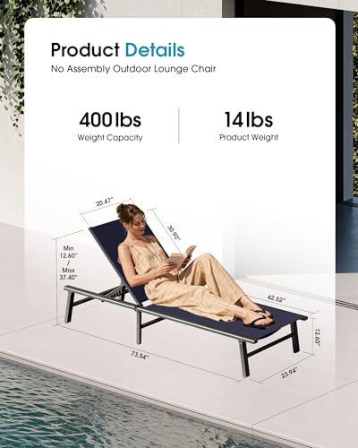 Foldable Outdoor Lounge Chair Set of 2, No Assembly Aluminum Chaise Lounge Outdoor with 5 Adjustable Positions, Pool Lounge Chairs with Portable Design for Pool, Deck, Beach, Patio (Navy Blue) - color: Navy Blue-upgraded, size: 2 Packs