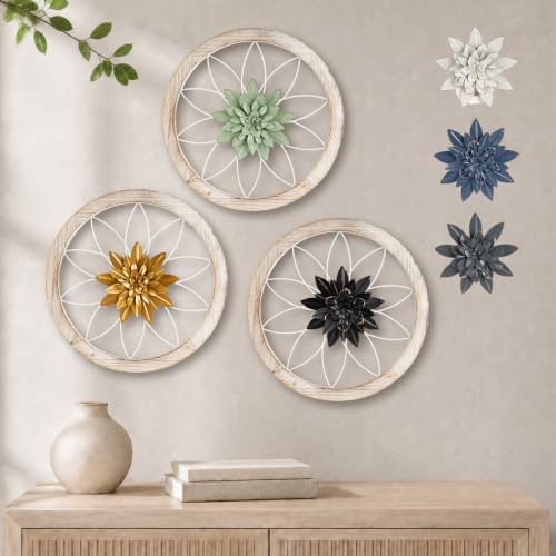 Paquesta 3 Piece Round Farmhouse Wall Decor with 6 Piece Interchangeable Flowers 15.75'' Medallion Wood & Metal Rustic Wall Art for Living Room Bedroom Kitchen Bathroom Dining Room Home Decorations (large white wheel) - color: large white wheel