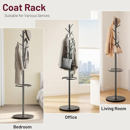 SLEEPING LAMB Coat Rack Freestanding with Umbrella Holder, Coat Hanger Stand with Wood Base Fits Entryway, Living Room, Bedroom, Office, Clothes Tree Holder with 8 Hooks for Jackets, Hats, Bags, Black
