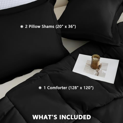 Super King Plus Comforter Set, 3-Piece Box-Stitched, Black | 128 x 120 in Maximum Coverage in the Collection, 270 GSM Fill, 90 GSM Brushed Microfiber Shell, OEKO-TEX Certified - color: Black, size: Super King Plus(128"x120")