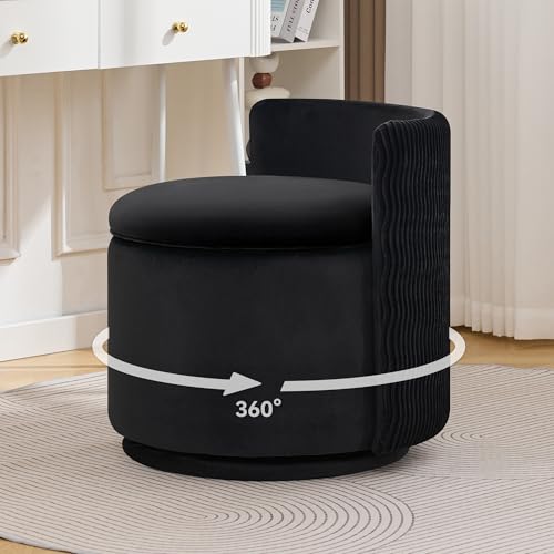 WUTUTUEE Large Velvet Vanity Chair with Storage, 360° Swivel Makeup Chair with Wave Back, No Assembly Small Accent Stool for Bedroom, Dressing, Living Room, Black - color: Black, size: Large