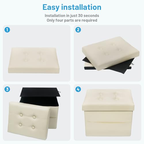 Bsketa Storage Ottoman Bench,16 Inch Folding Leather Foot Rest Stool, Beige | Small Ottoman with Side Pockets, Thicker Foam Padded Seat, Livingroom, Dorm, Bedroom, Easy to install, 38L, 16x12x12in - color: Beige-with Side Pockets.