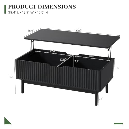 39” Fluted Lift Top Coffee Table with Storage, Black | Mid Century Modern Coffee Table for Living Room, Home Office - color: Black, size: 18.9"D x 39.4"W x 16.5"H