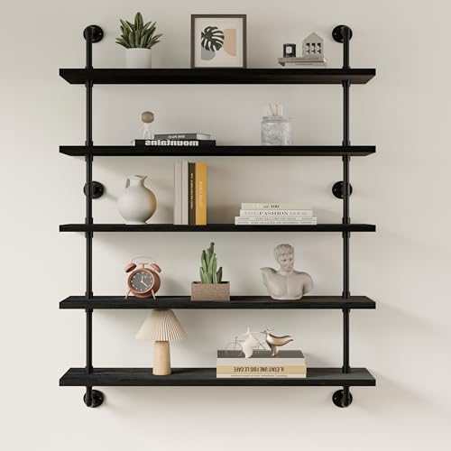 HDDFER Floating Shelves for Wall Living Room Shelves Bookshelf Industrial Pipe Shelving Shelf Real Wood Planks 36 inch Rustic Wall Shelves Hanging Bookshelves Farmhouse Kitchen Bar Shelving - color: Black, size: 5Tier36in