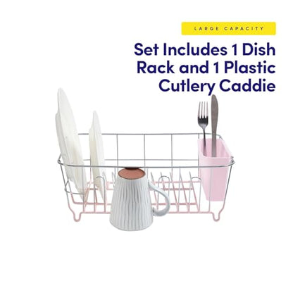Dish Drying Rack & Cutlery Holder 2 Piece Set - Compact Sink-Fitting Dish Drainer with Rubberized Undercoating, Space-Saving Kitchen Organizer for Plates, Cups, Bowls & Utensils in Sink, Pale Pink - color: Pale Pink