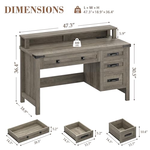 47" Farmhouse Computer Desk with 4 Drawers for Home Office, Bedroom | Executive Desk with Power Outlets, Home Office Desk with Monitor Stand & Drawers, Small Desk Writing Study Table, Grey - color: Grey
