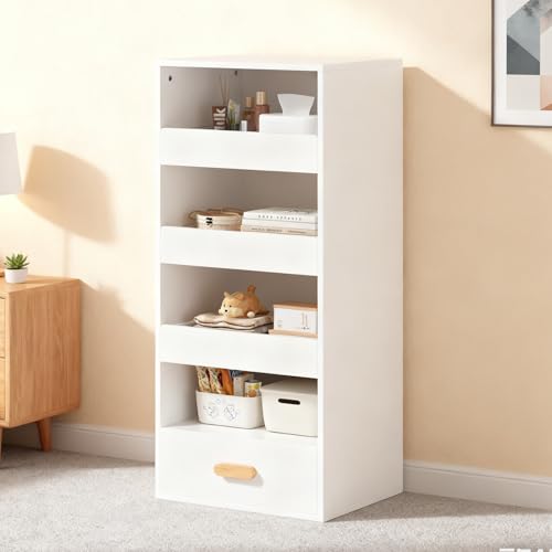 4-Tier Bookshelf with 4 Drawers, Tall Bookcase with 3 Sliding Drawers & Large Bottom Drawer, Engineered Wood Storage Shelf for Home Office, Living Room, Bedroom, Modern White - color: C-white