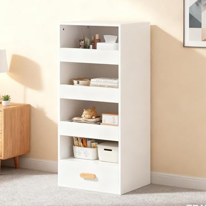 4-Tier Bookshelf with 4 Drawers, Tall Bookcase with 3 Sliding Drawers & Large Bottom Drawer, Engineered Wood Storage Shelf for Home Office, Living Room, Bedroom, Modern White - color: C-white