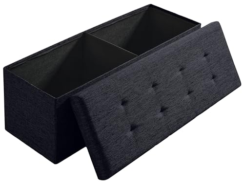 Ornavo Home 43 Inch Folding Extra Large Storage Bench, Linen, Black | Upholstered Tufted Ottoman with Lid; Foot Rest Stool; Ideal for Bedroom, Living Room or Entryway - color: Black, size: 15"d X 43"w X 15"h