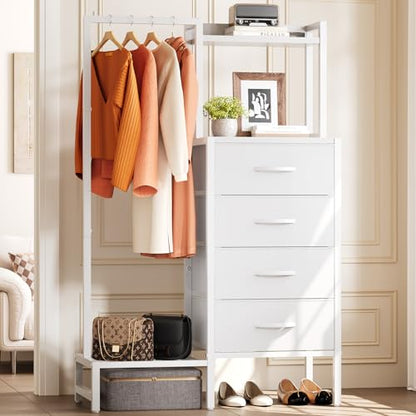 Yoobure White Dresser with Hanging Rack - Small Dresser for Bedroom with 4 Drawers, 44'H Chest of Drawers, Reversible Kids Dressers with Storage Shelf, Closet Dressers, Dorm Essentials, Sturdy Frame - color: White