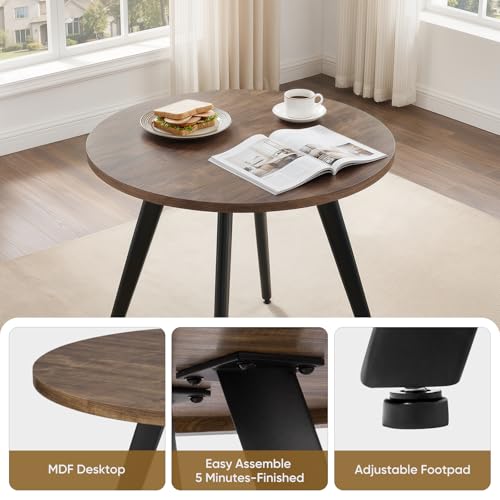 Round Dining Table for 2, 31.5" Small Kitchen Circle Table Space-Saving | Rustic Brown Mid-Century Modern with 1.4" thick Walnut-grain Top, Kitchens, Dining Rooms, Apartments, Breakfast Nooks - color: Rustic Brown