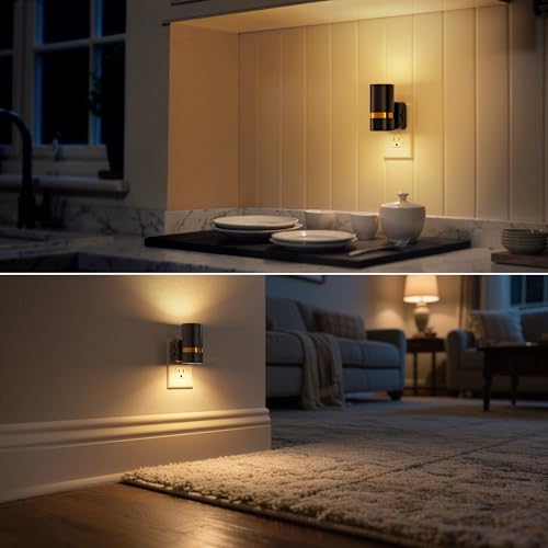 LED Night Light, 2 Pack, Dimmable Night Light Plug in | Black Cylinder Wall Sconce, Slide Brightness Adjustable with Dusk to Dawn Sensor, 3000K Warm White for Bedroom