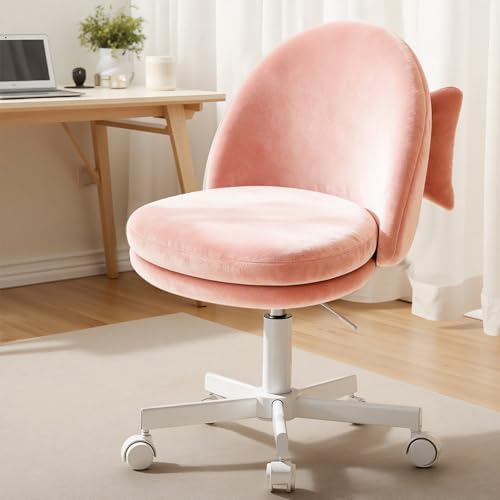 GTPLAYER Velvet Tall Office Chair with Wheels Vanity Chairs with Back, Versatile Height Use: Office to Bar Stools Small Ergonomic Comfy Armlees Computer Desk Chair with Bow Lumbar Pillow for Gift - color: Ve-pink