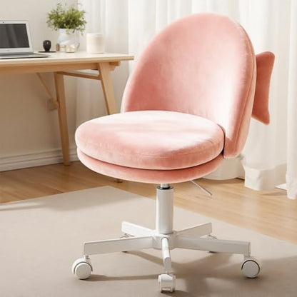 GTPLAYER Velvet Tall Office Chair with Wheels Vanity Chairs with Back, Versatile Height Use: Office to Bar Stools Small Ergonomic Comfy Armlees Computer Desk Chair with Bow Lumbar Pillow for Gift - color: Ve-pink
