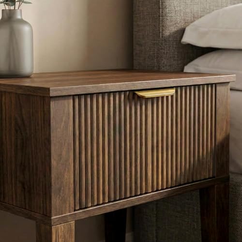 FuniXpress Small Nightstand, 15" Wide, Drawer and Shelf, Dark Walnut Fluted | Deep walnut tone, clean fluted front, 11.8-inch slim depth, smart storage, fits bedside, sofa side, or small spaces - color: Dark Walnut