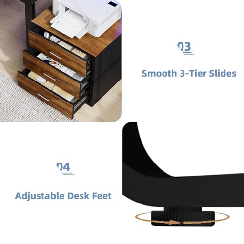 MaverickFurni 67'' Computer Desk with 3 Drawers and LED Lights, Black | Home Office Desk with Printer Shelf and Monitor Stand, Gaming Desk with LED Lights, Black - color: Black and Walnut