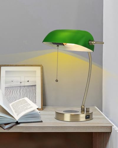 Stepless Dimmable Green Glass Bankers Desk Lamp,LED Bulb Included | Wireless Charger,USB Charging Port for Home Office Table Lamp Plug in Fixture - color: Green-Wireless Charging