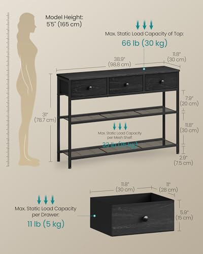 SONGMICS Console Table, Narrow Sofa Table with 2 Mesh Shelves | For Entryway, Living Room, 3 Fabric Drawers, Ebony Black, BELLAH Collection ULGS098B201 - color: Ebony Black, size: 11.8"D x 38.9"W x 31"H (3 Drawers)