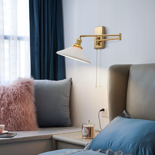Milk Glass Wall Sconce, Brushed Gold Swing Arm Lamp with Pull Chain | with milk glass shade; 180° adjustable arm for bedroom reading and vanity lighting; E26 - color: A-1Pack