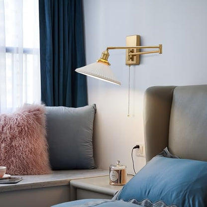 Milk Glass Wall Sconce, Brushed Gold Swing Arm Lamp with Pull Chain | with milk glass shade; 180° adjustable arm for bedroom reading and vanity lighting; E26 - color: A-1Pack