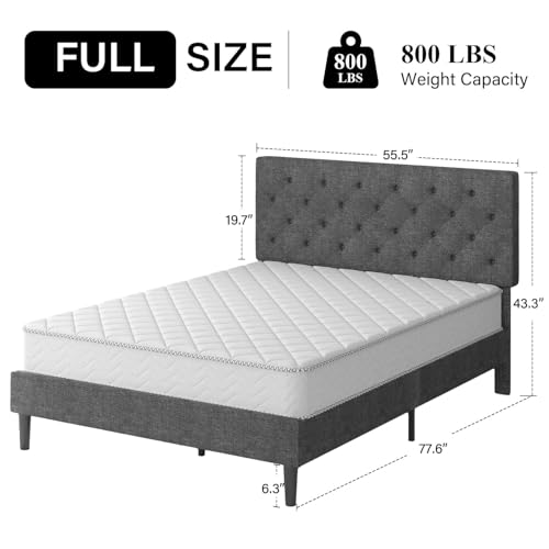 HOMBCK Full Bed Frame with Headboard, Linen Fabric Upholstered Bed Frame Full, Grey Bed Frame with Wood Slats, Button Tufted, No Box Spring Needed, Light Grey - color: Light Grey, size: Full
