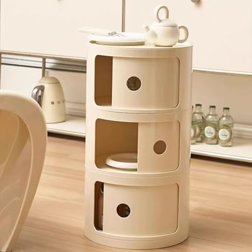 3 Tier Round Nightstand with Drawer, White Round Side Table Small Plastic Storage End Table for Bedroom, Living Room, Bathroom - color: White