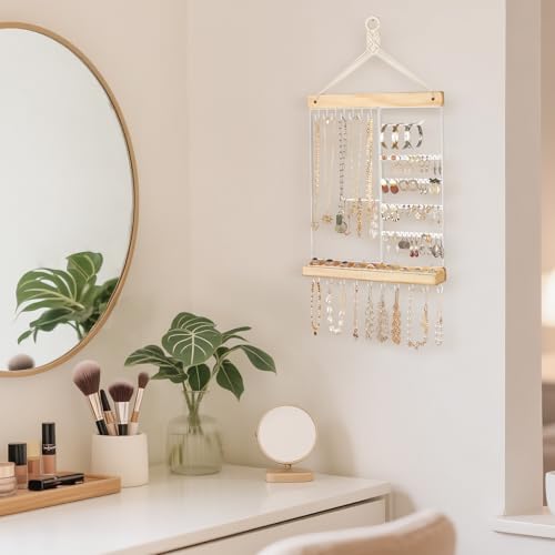 Mkono Hanging Wall Jewelry Organizer, Necklace Earring Holder Display Shelf | Boho Style, Wood Storage Rack, for Bracelets Rings Studs, Easy to Install, Large Capacity, Western Bedroom Decor,Gift Idea
