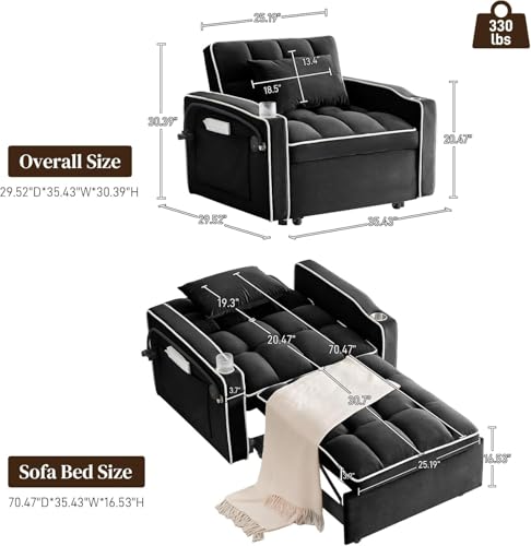 Sleeper Sofa Chair Bed 3 in 1 with Charging Ports, Phone Holder & Cup Holders - Modern Velvet Convertible Pull Out Single Sofa Bed for Small Spaces, Apartment, Dorm (Black) - color: Black