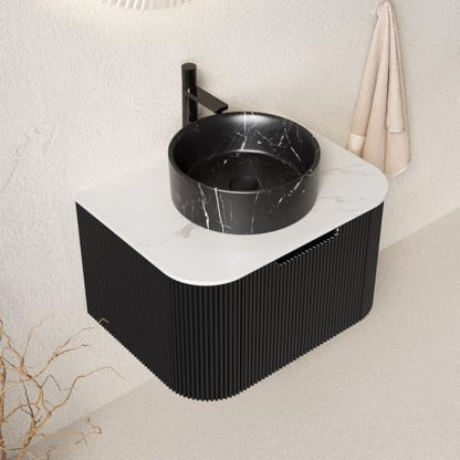 24" Floating Bathroom Vanity with Sink, Wall Mounted Plywood Cabinet, Black Fluted Front, Sintered Stone Countertop, Black Marble-Look Round Ceramic Vessel Sink, Soft-Close Drawer, Pre-Assembled - color: Black Cabinet / Black Marble Sink, size: 24 Inch