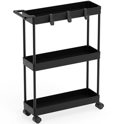 Simple Houseware 3-Tier Slim Rolling Cart w/Handle 5.5" Wx27.5 H, Black | Storage Cart for Narrow Space (5.5-Inch Wide) Kitchen, Bathroom, Laundry Room - color: Black