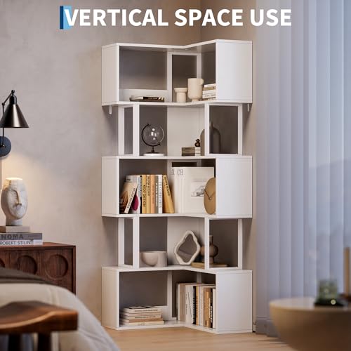 Garvee Corner Bookshelf, 62.6" Tall Metal Wooden Bookcase, Modern Freestanding Corner Shelf with Baffle, 5-Tier L-Shaped Display Rack Storage Organizer for Home Office, Living Room | Modern Freestanding Corner Shelf with Baffle, 5-Tier L-Shaped Display Ra