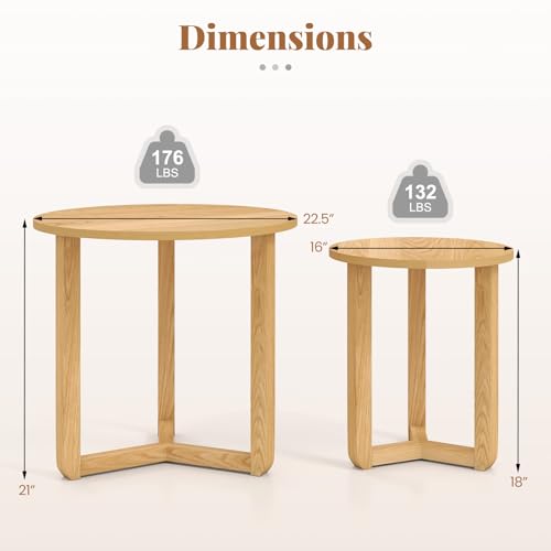 GIANTEX Round Nesting Coffee Table Set of 2, Wood End Tables, Natural | Thickened Top & Solid Rubber Wood Legs, Farmhouse Sofa Side Table for Small Spaces Living Room Bedroom - color: Natural