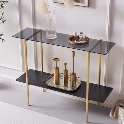 LumFurn Glass Console Table for Living Room, Foyer & Entrance, 2-Tiers Mid-Century Modern Sofa Table with Grey Glass Top, Black Marble Finish Wood Shelf and Gold Finish Frame - color: Grey & Black Marble