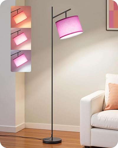 EDISHINE Pink Modern Floor Lamps for Living Room, 64.7" Arc Standing Lamp | 3CCT LED Bulb Included, Adjustable Linen Shade, Foot Switch, Tall Light for Office, Bedroom, Living Room - color: Pink Shade