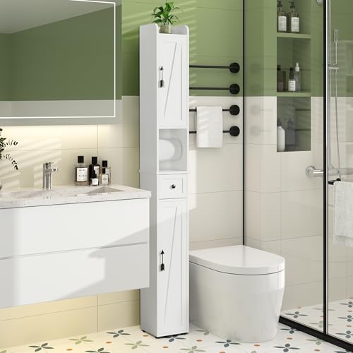 VECELO Tall Narrow Storage Cabinet with Adjustable Shelves, Slim Freestanding Bathroom Cabinet with Toilet Paper Holder, 2 Magnetic Doors & Drawer, for Small Spaces, 7.9" D x 7.9" W x 67" H, White - color: Cabin Top