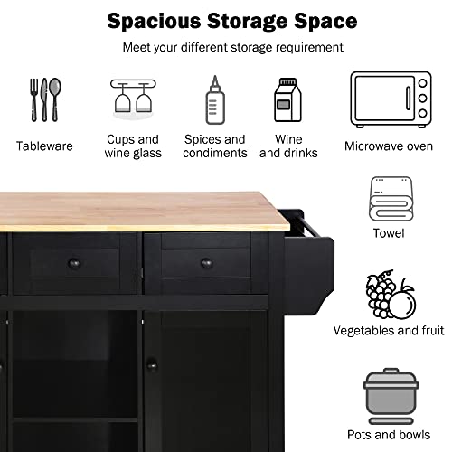 53'' Rolling Kitchen Island with Storage, Large Kitchen Cart On Wheels with Drop Leaf & Power Outlet & Drawers, Mobile Kitchen Table with 3 Drawers, for Dining Room (Black) - color: Black